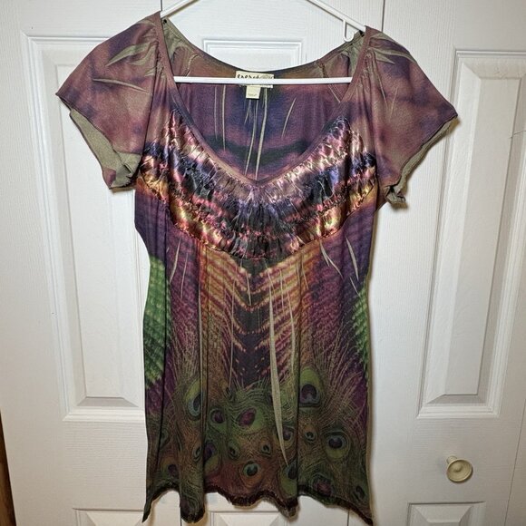Energe One World Womens‎ Top Size Medium Peacock Y2K Sublimation Boho Glam - Picture 1 of 10